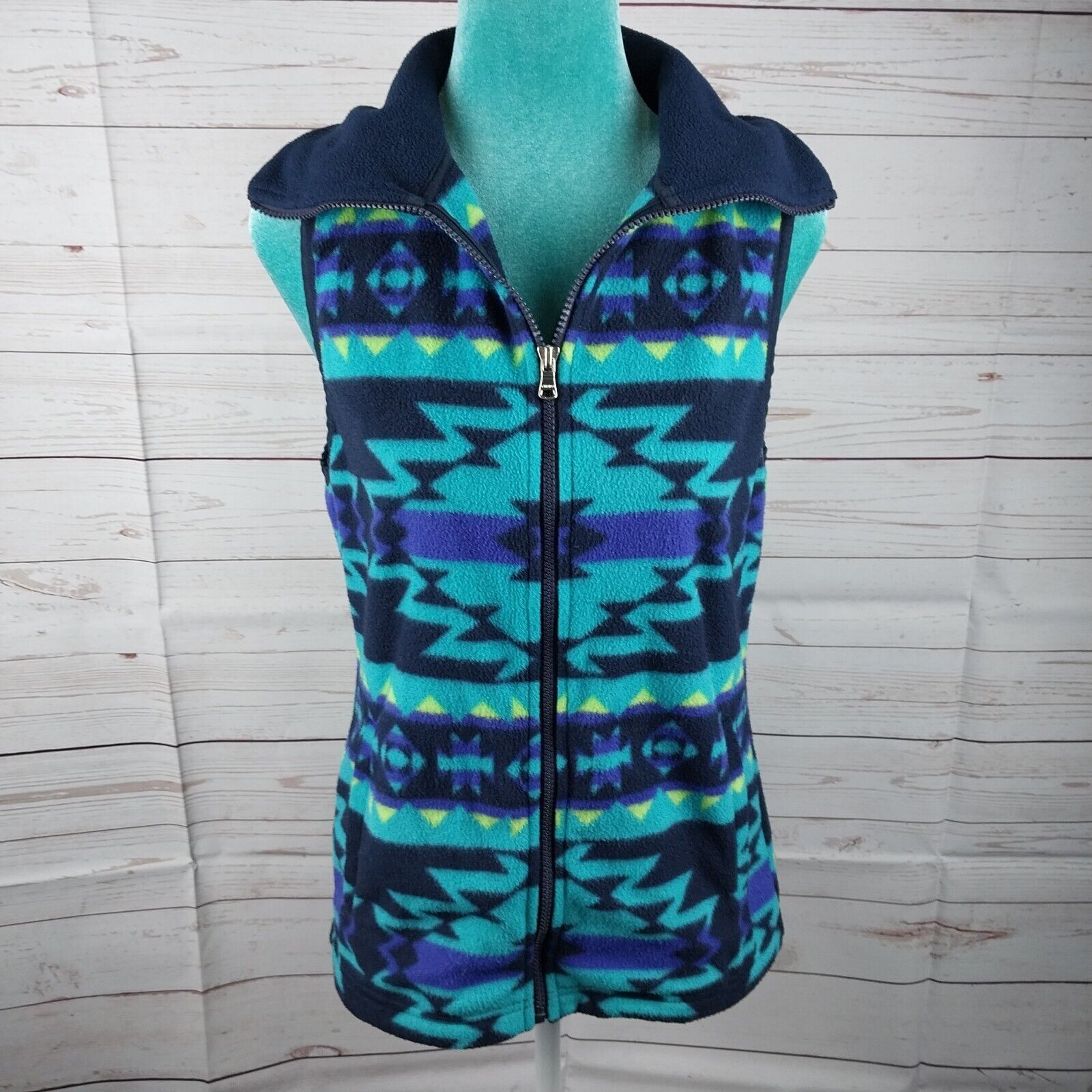 Chaps Sport Sz Medium Aztec Southwestern Full Zip Fleece Vest Black Teal Purple